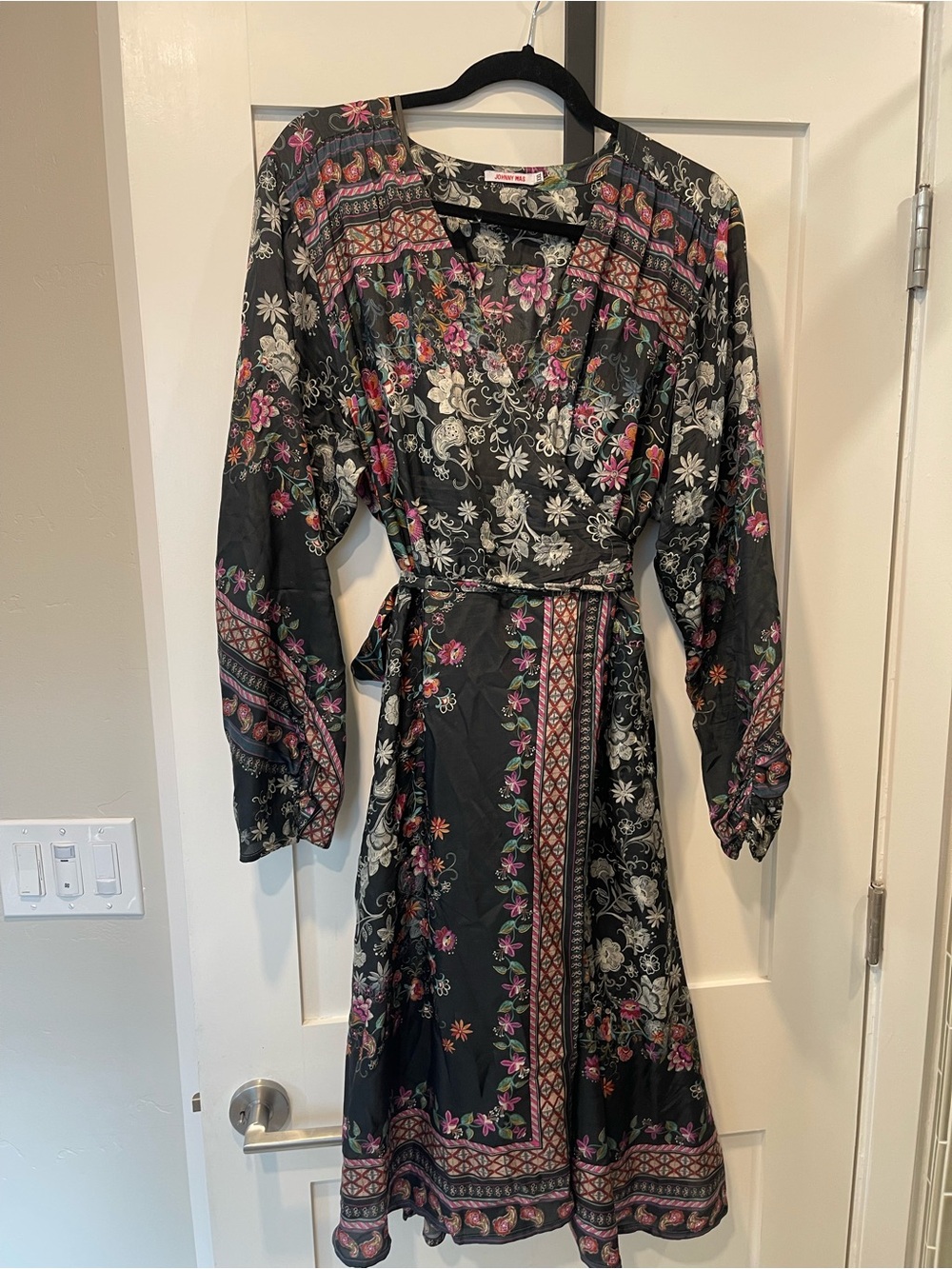 Johnny Was Silk Brown Dress with Pink & White Florals wrap dress sz XXL $398